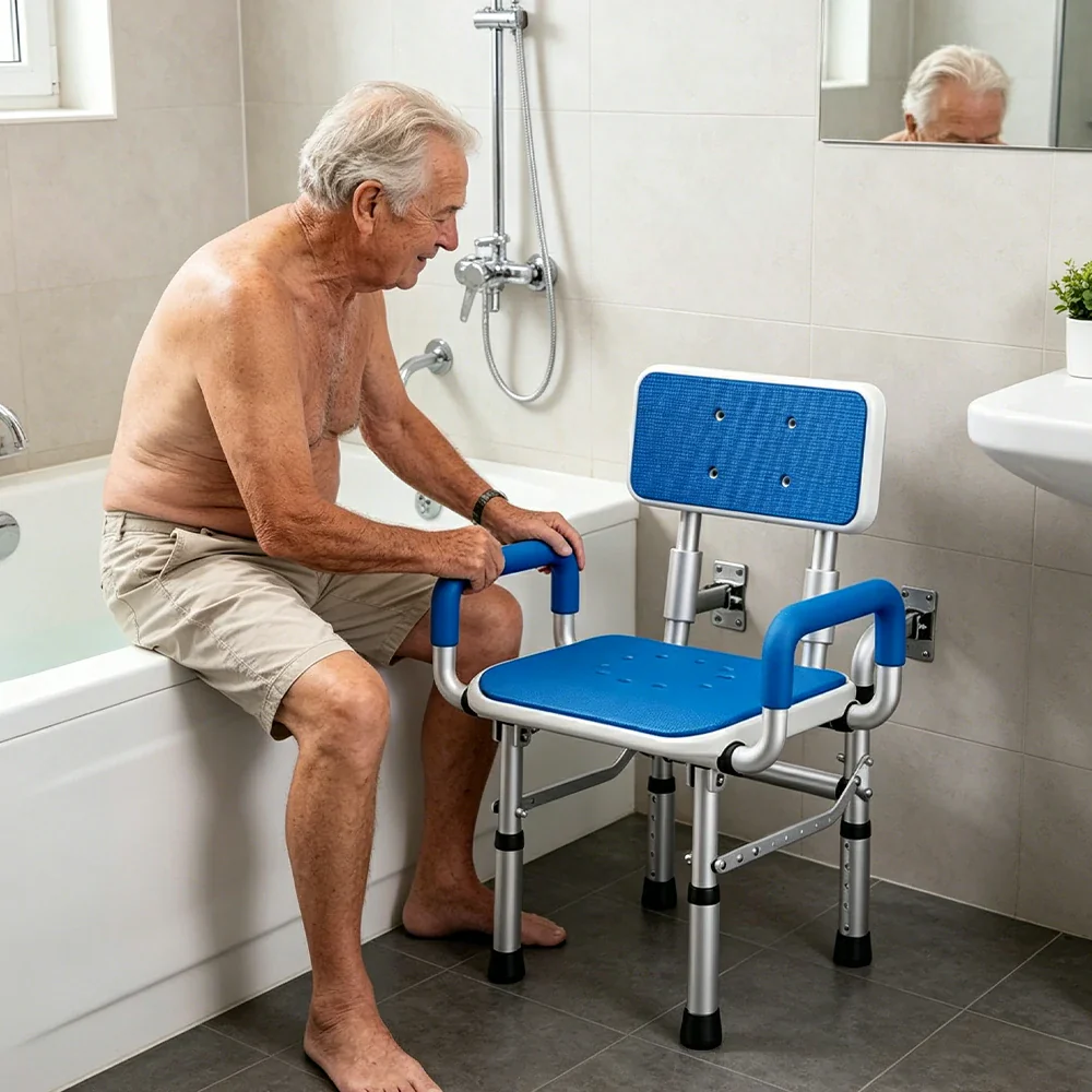 LIVARA Wall-mounted Foldable Shower Chair Wide Seat Backrest Dual Armrests Adjustable Height for Elderly Pregnant Bathroom Use - Blue - Image 5