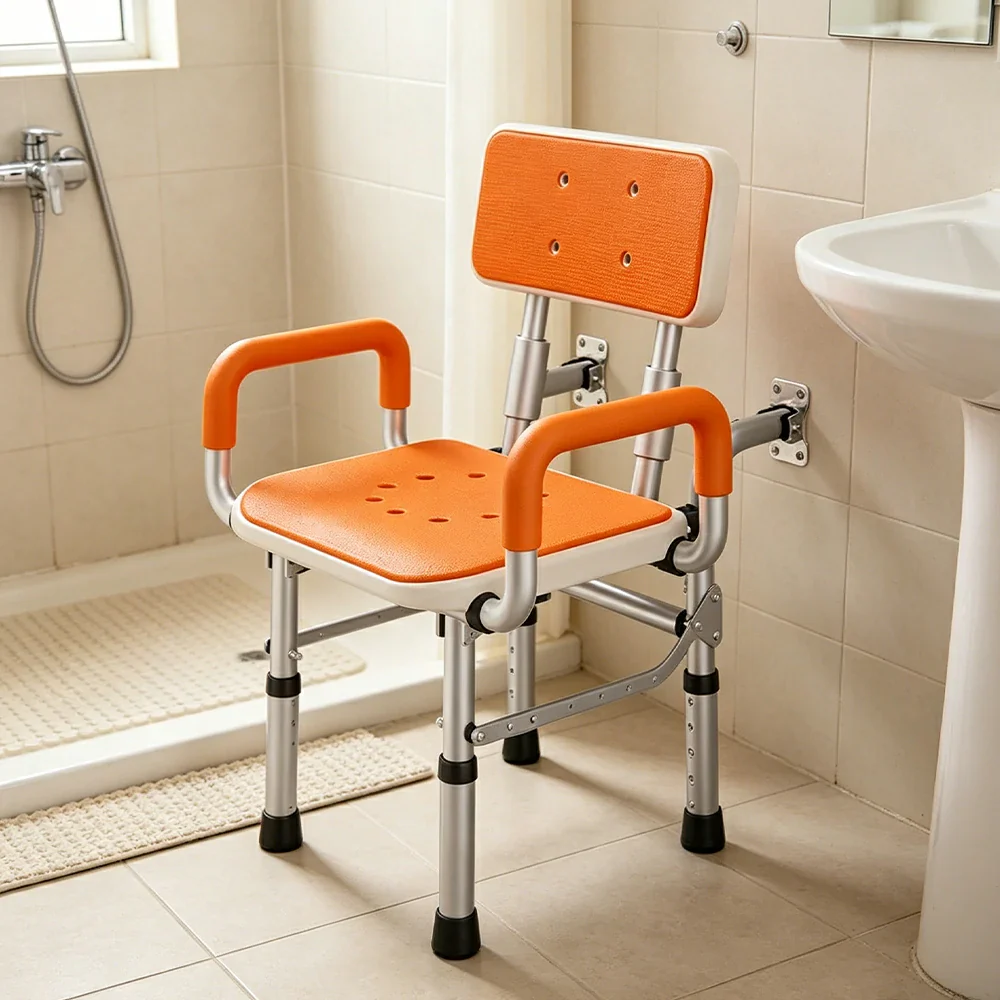 LIVARA Wall-mounted Foldable Shower Chair Wide Seat Backrest Dual Armrests Adjustable Height for Elderly Pregnant Bathroom Use - Orange - Image 2