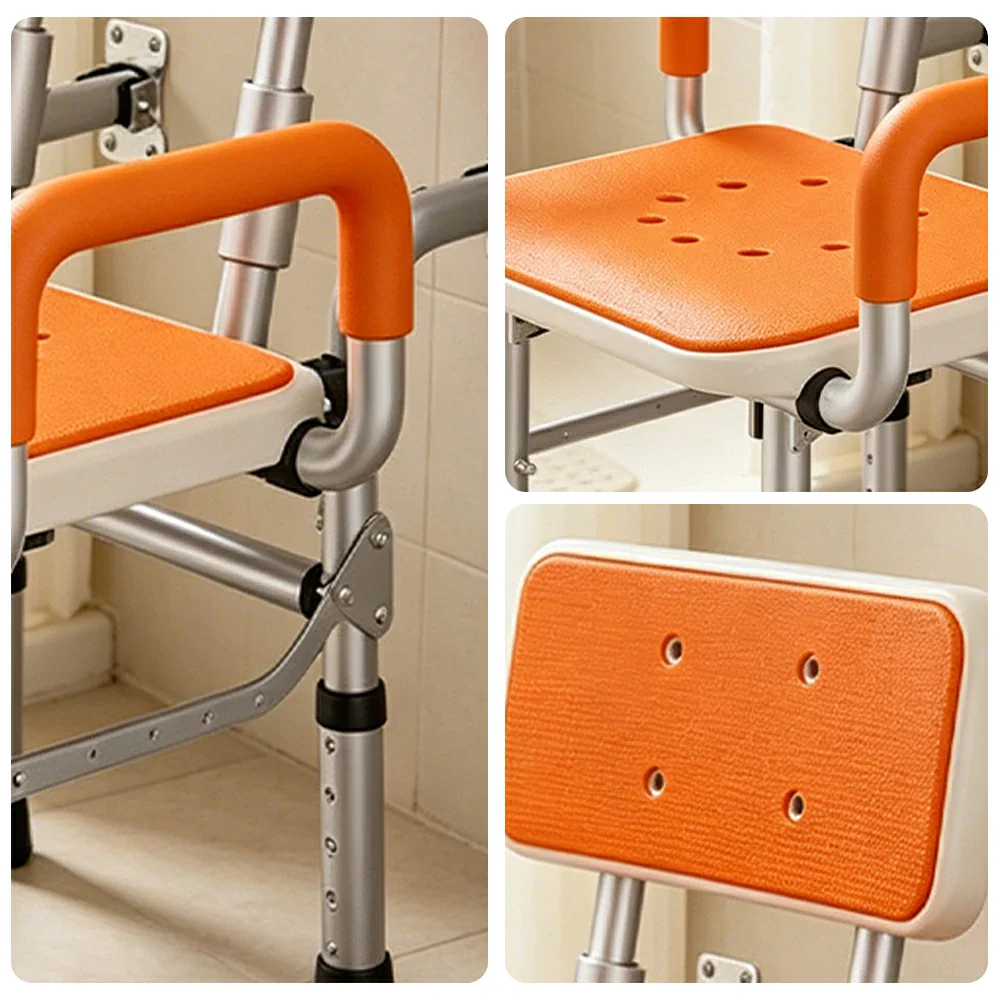 LIVARA Wall-mounted Foldable Shower Chair Wide Seat Backrest Dual Armrests Adjustable Height for Elderly Pregnant Bathroom Use - Orange - Image 3