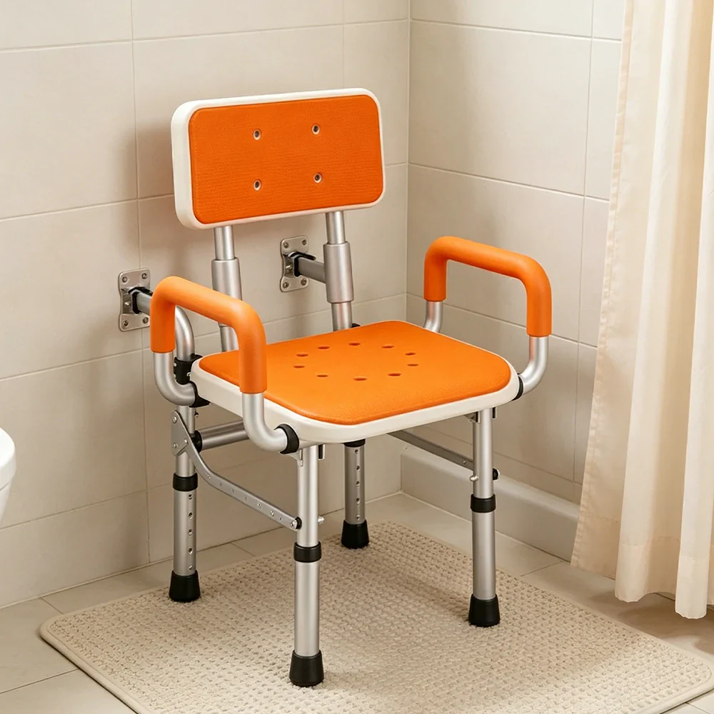 LIVARA Wall-mounted Foldable Shower Chair Wide Seat Backrest Dual Armrests Adjustable Height for Elderly Pregnant Bathroom Use - Orange - Image 4