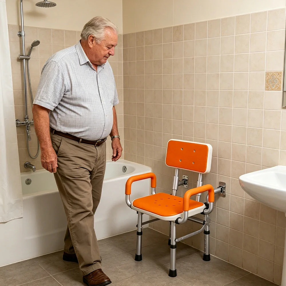 LIVARA Wall-mounted Foldable Shower Chair Wide Seat Backrest Dual Armrests Adjustable Height for Elderly Pregnant Bathroom Use - Orange - Image 5
