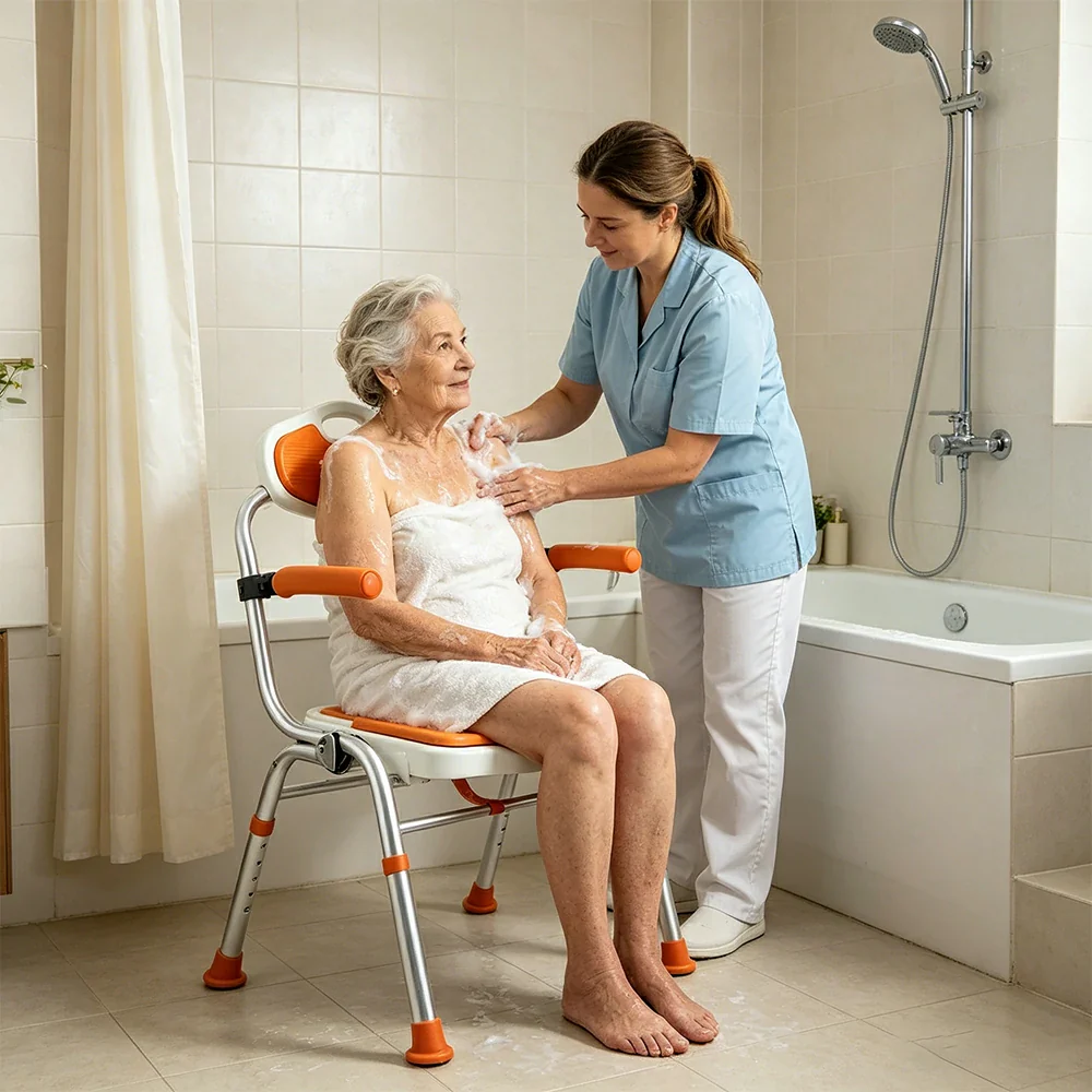 LIVARA Foldable Shower Chair Wide Seat EVA Cushion Triangular Support Anti-slip Feet for Elderly Pregnant Bathroom Home Use - Orange - Image 5