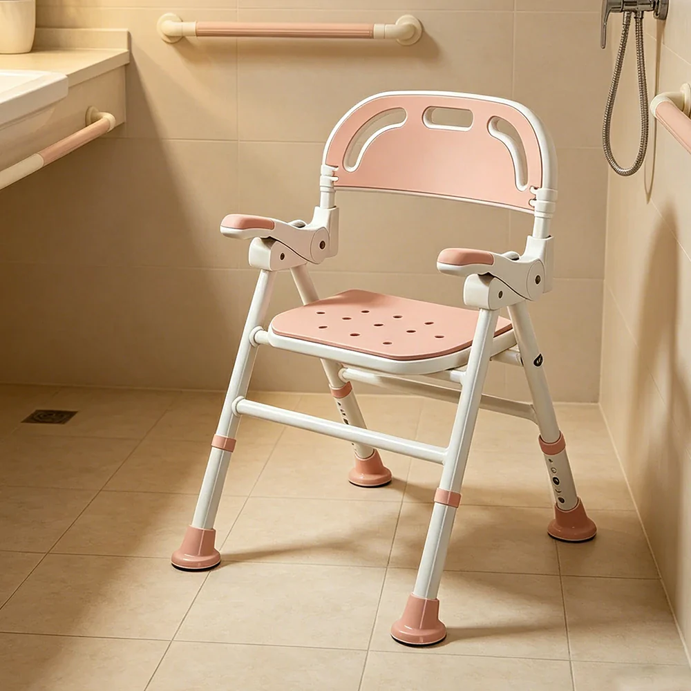 LIVARA Wide Foldable Shower Chair Extra-wide Seat EVA Cushion Triangular Support Anti-slip Feet for Elderly Pregnant Bathroom Home Use - Pink - Image 4
