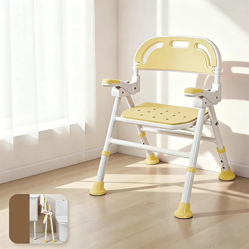LIVARA Wide Foldable Shower Chair Extra-wide Seat EVA Cushion Triangular Support Anti-slip Feet for Elderly Pregnant Bathroom Home Use - Yellow - Image 2