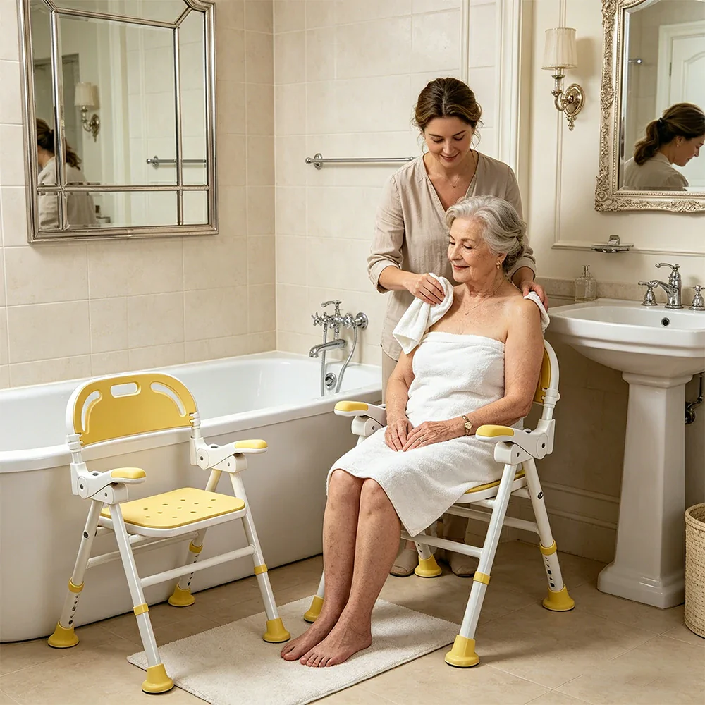 LIVARA Wide Foldable Shower Chair Extra-wide Seat EVA Cushion Triangular Support Anti-slip Feet for Elderly Pregnant Bathroom Home Use - Yellow - Image 5