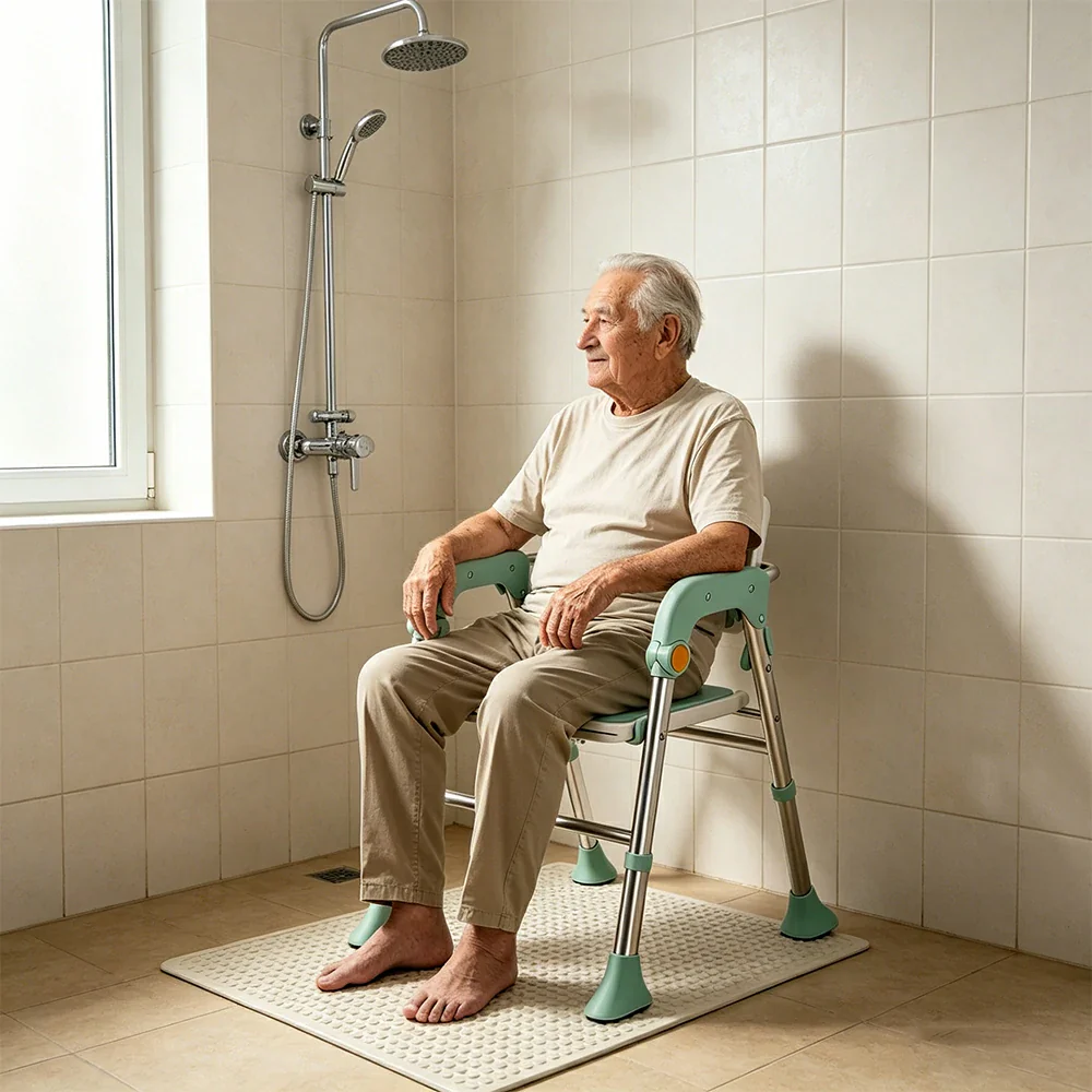 LIVARA Foldable Shower Chair Large Backrest EVA Cushion Triangular Support Anti-slip Feet for Elderly Pregnant Bathroom Home Use - Green - Image 5