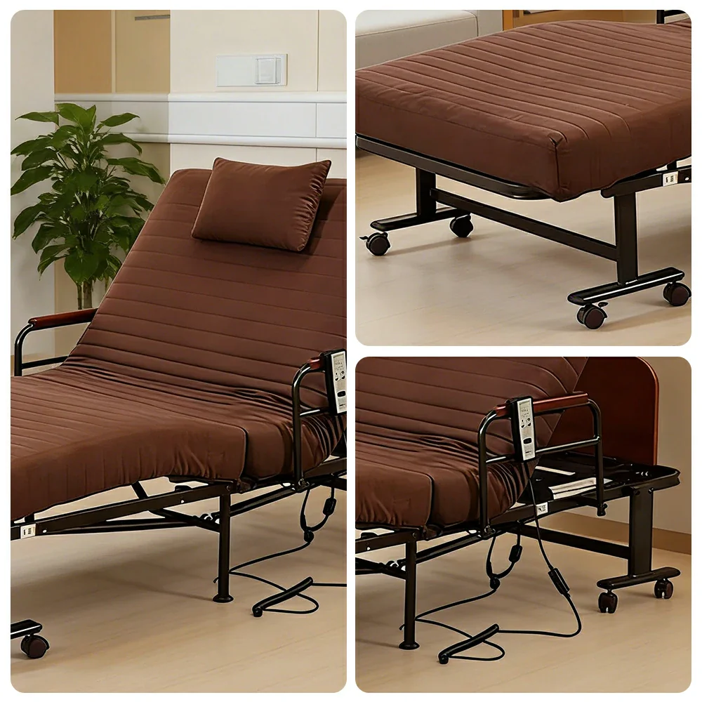 LIVARA Electric Foldable Care Bed Remote Control Adjustable Backrest Thick Mattress with Wheels for Elderly Post-surgery Home Use - Coffee - Image 3
