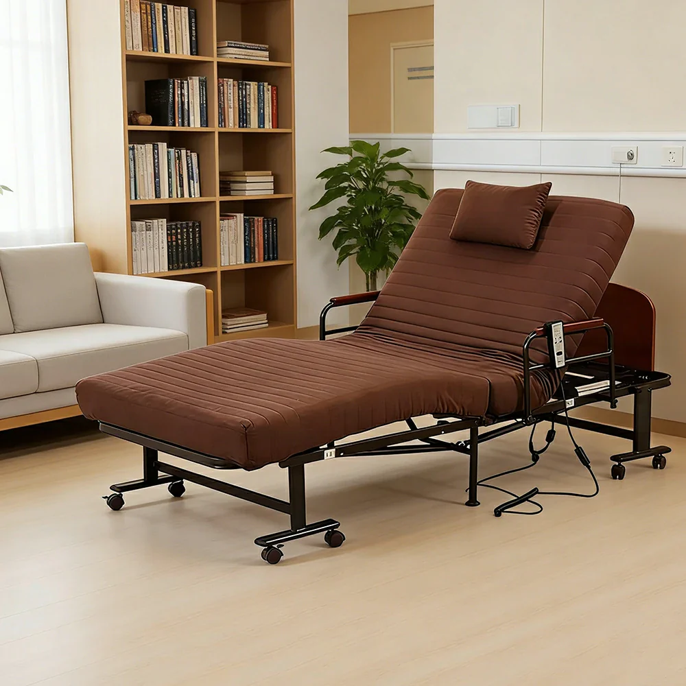 LIVARA Electric Foldable Care Bed Remote Control Adjustable Backrest Thick Mattress with Wheels for Elderly Post-surgery Home Use - Coffee - Image 6