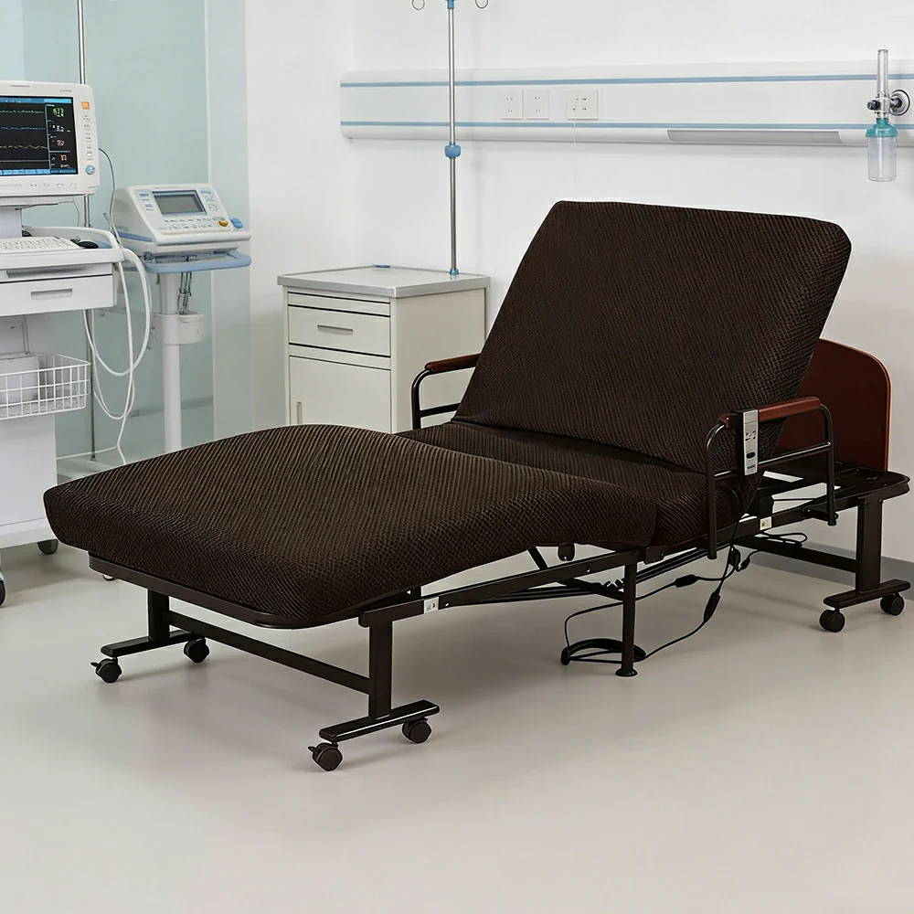 LIVARA Electric Foldable Care Bed Remote Control Adjustable Backrest Thick Mattress with Wheels for Elderly Post-surgery Home Use - Brown - Image 6