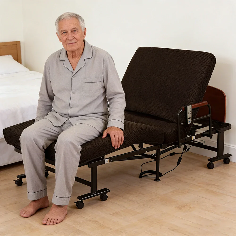 LIVARA Electric Foldable Care Bed Remote Control Adjustable Backrest Thick Mattress with Wheels for Elderly Post-surgery Home Use - Brown - Image 8