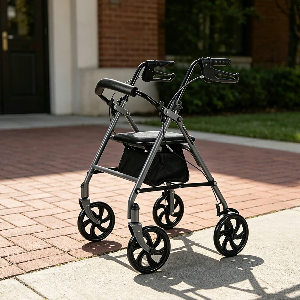 LIVARA Multifunctional Walker with Dual Brakes and Foldable Design for Stable Elderly Home and Outdoor Support - Grey - Image 4