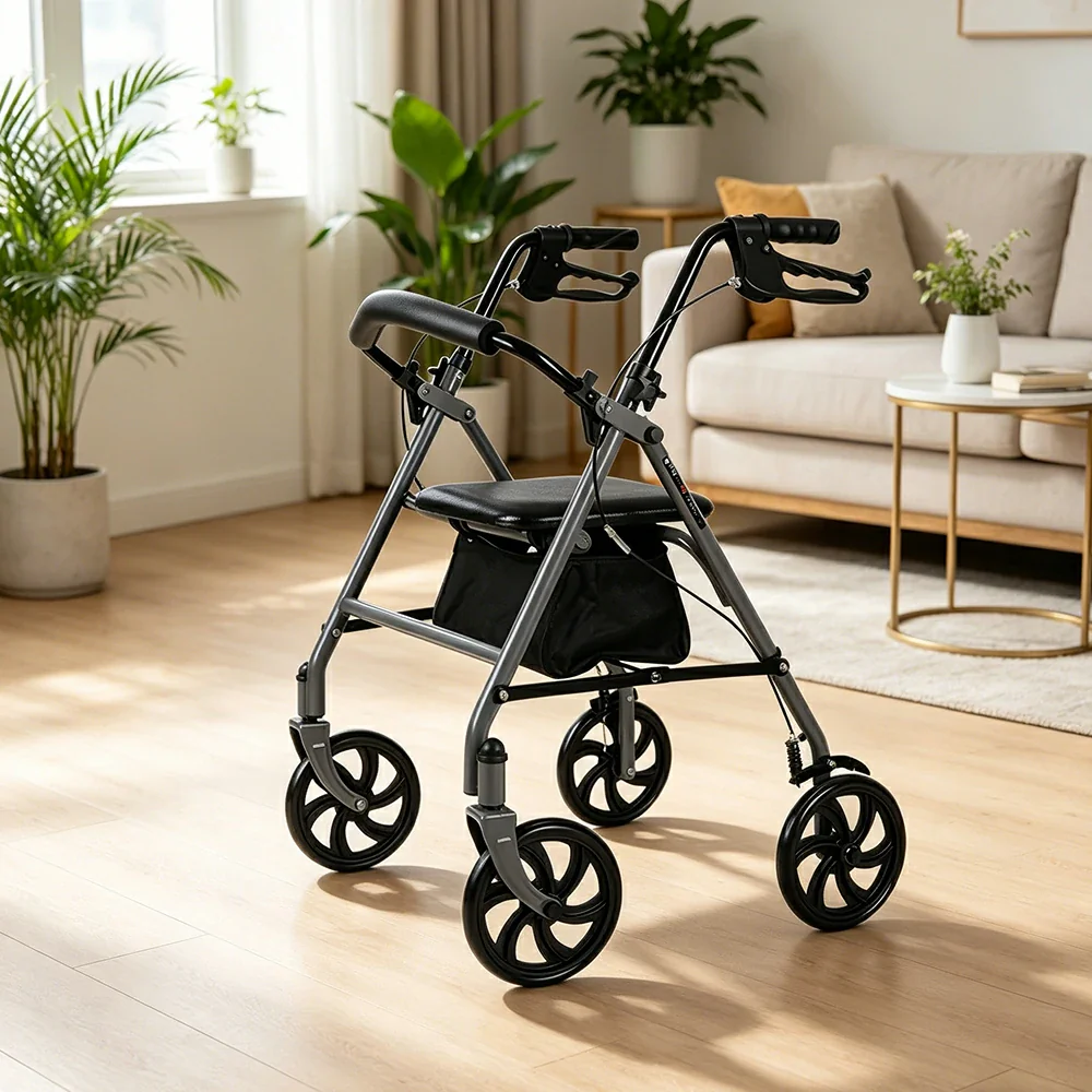LIVARA Multifunctional Walker with Dual Brakes and Foldable Design for Stable Elderly Home and Outdoor Support - Grey - Image 5