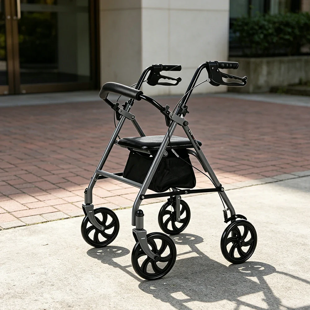 LIVARA Multifunctional Walker with Dual Brakes and Foldable Design for Stable Elderly Home and Outdoor Support - Grey - Image 6