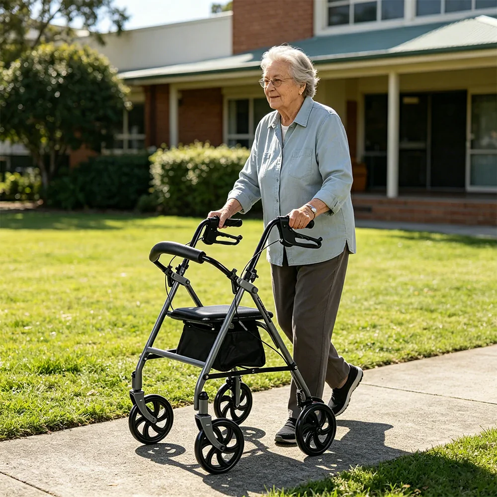 LIVARA Multifunctional Walker with Dual Brakes and Foldable Design for Stable Elderly Home and Outdoor Support - Grey - Image 7