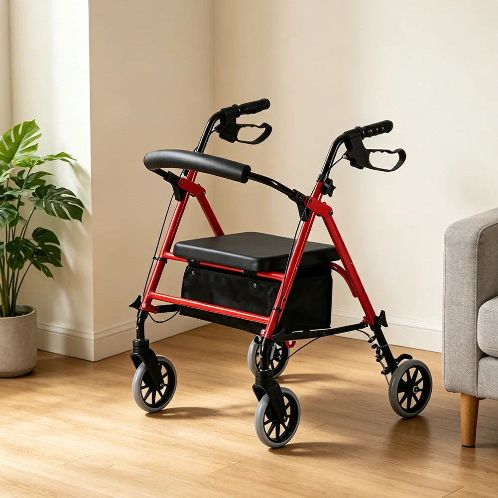 LIVARA Multifunctional Walker with Dual Brakes and Foldable Design for Stable Elderly Home and Outdoor Support - Red - Image 2
