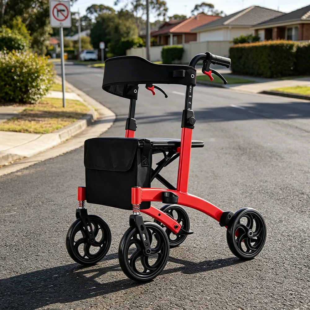 LIVARA Lightweight Walker with Aviation Aluminium Frame and Foldable Seat for Elderly Home and Outdoor Support - Red - Image 2