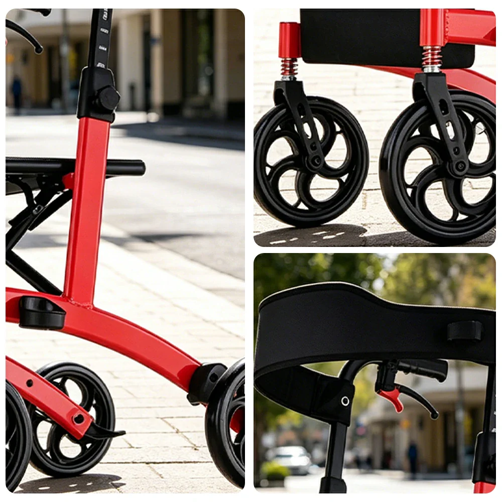 LIVARA Lightweight Walker with Aviation Aluminium Frame and Foldable Seat for Elderly Home and Outdoor Support - Red - Image 3