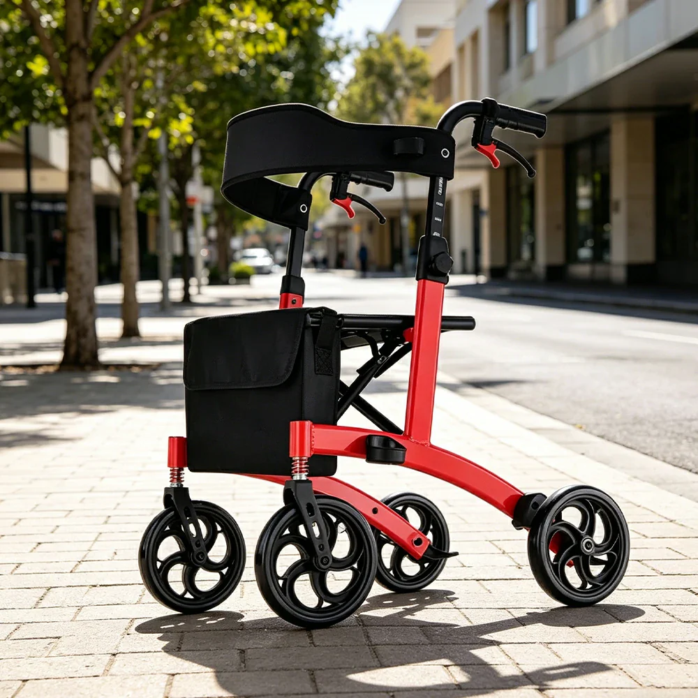LIVARA Lightweight Walker with Aviation Aluminium Frame and Foldable Seat for Elderly Home and Outdoor Support - Red - Image 4