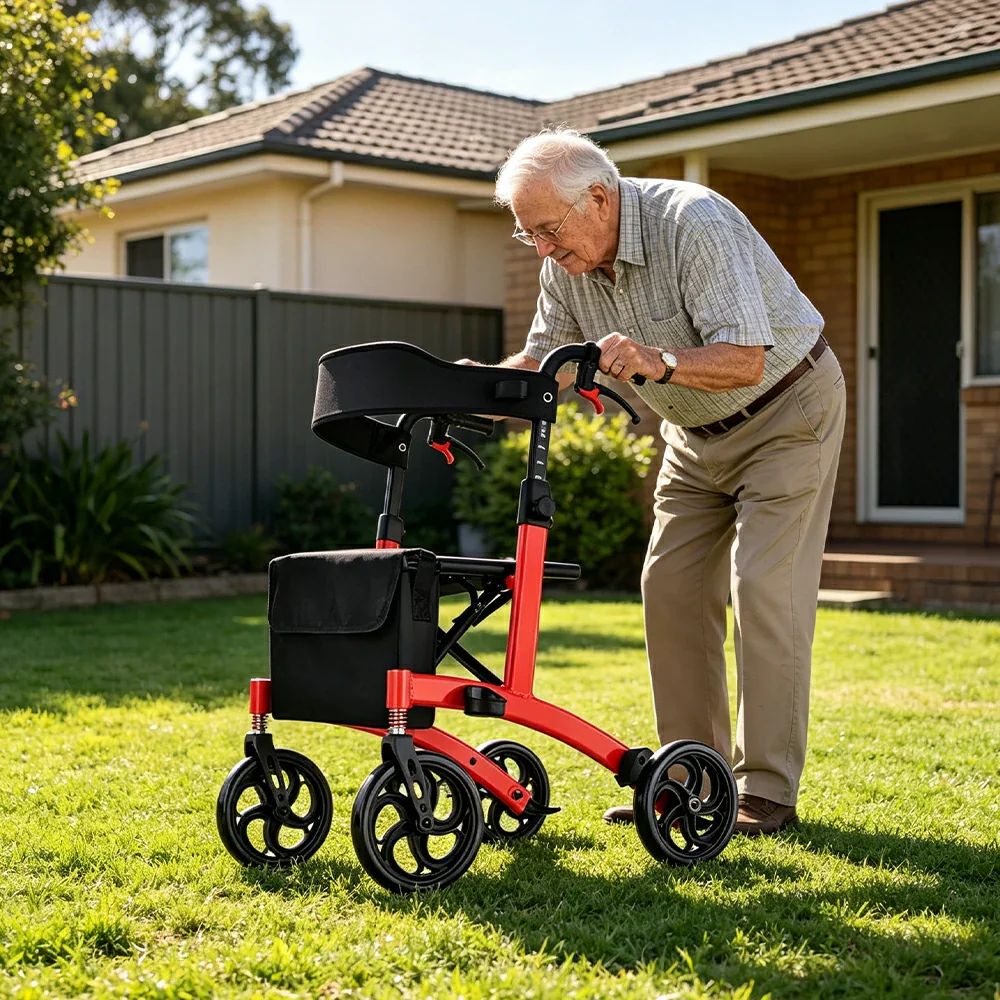 LIVARA Lightweight Walker with Aviation Aluminium Frame and Foldable Seat for Elderly Home and Outdoor Support - Red - Image 5