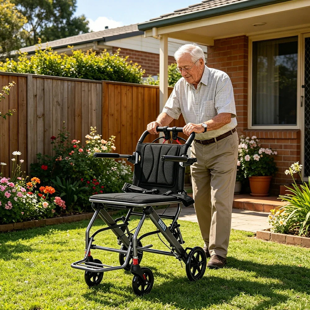 LIVARA Lightweight Foldable Walker with Pull-Handle Design and Aluminium Frame for Daily Mobility and Travel Support - Grey - Image 5