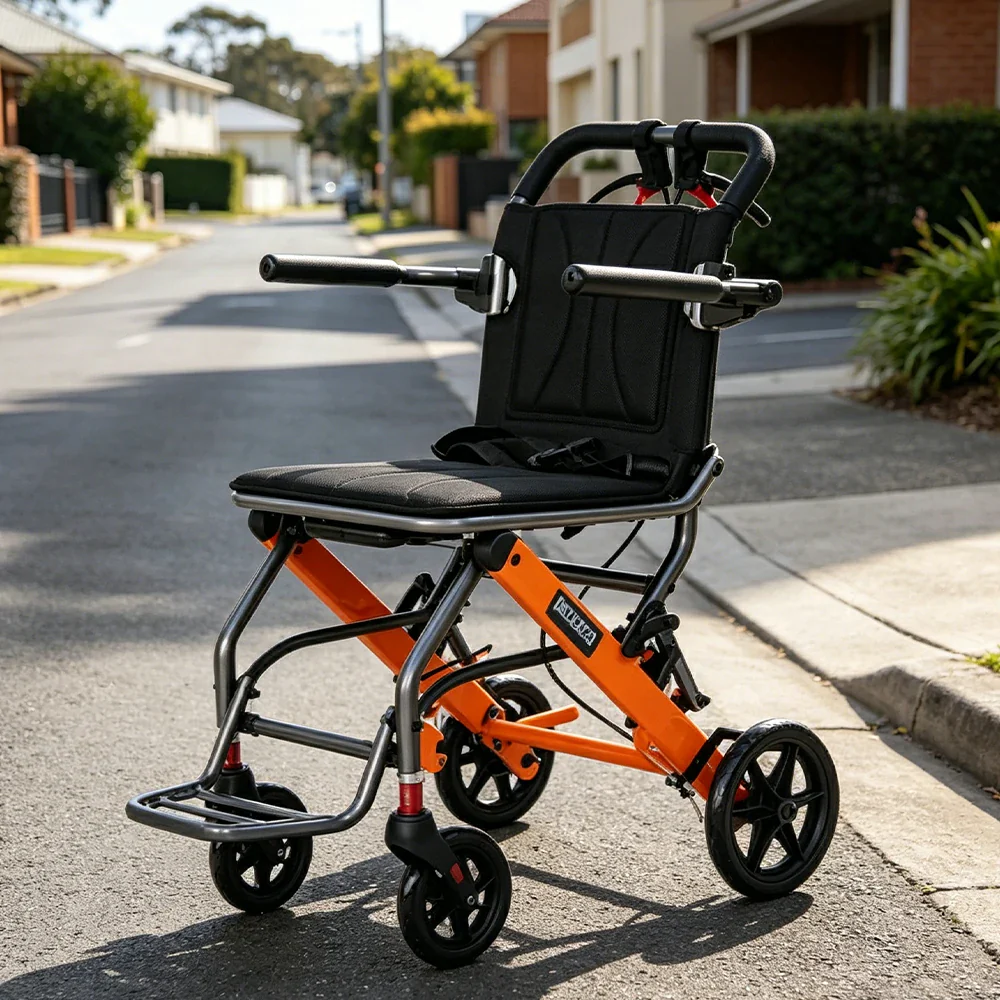 LIVARA Lightweight Foldable Walker with Pull-Handle Design and Aluminium Frame for Daily Mobility and Travel Support - Orange - Image 2