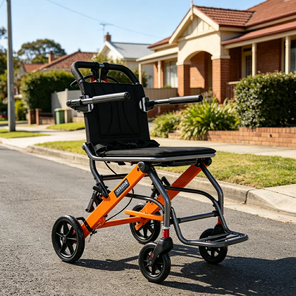 LIVARA Lightweight Foldable Walker with Pull-Handle Design and Aluminium Frame for Daily Mobility and Travel Support - Orange - Image 4