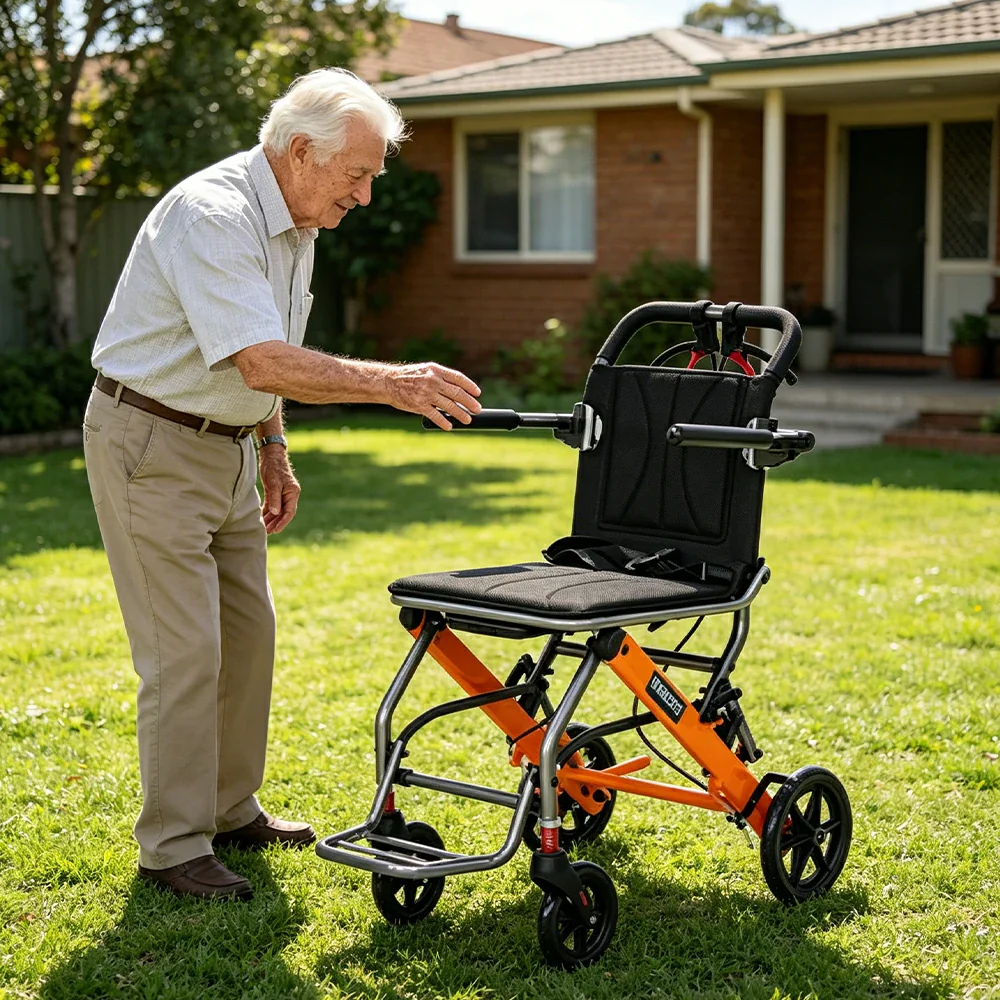 LIVARA Lightweight Foldable Walker with Pull-Handle Design and Aluminium Frame for Daily Mobility and Travel Support - Orange - Image 5