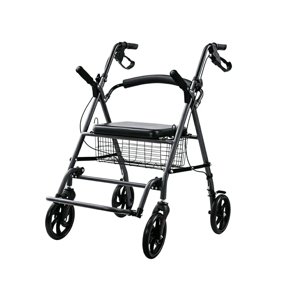 LIVARA Multifunctional Walker with Dual Hand Brakes, Shopping Basket and Foldable Design for Home Care and Daily Mobility