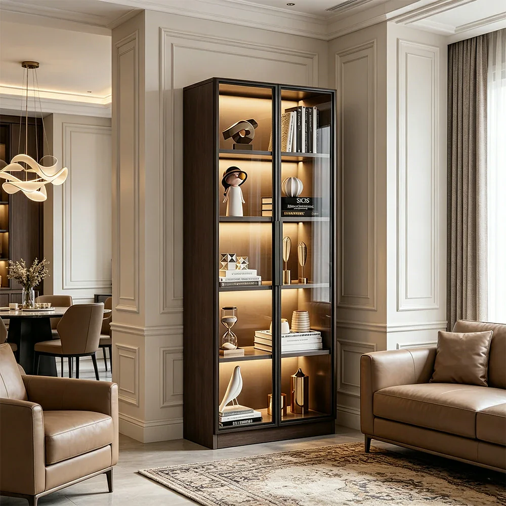 LIVARA 80/100cm 5-Tier Display Cabinet - Double Door Tempered Glass Storage with LED Lighting for Living Room - Light Grey - Image 2