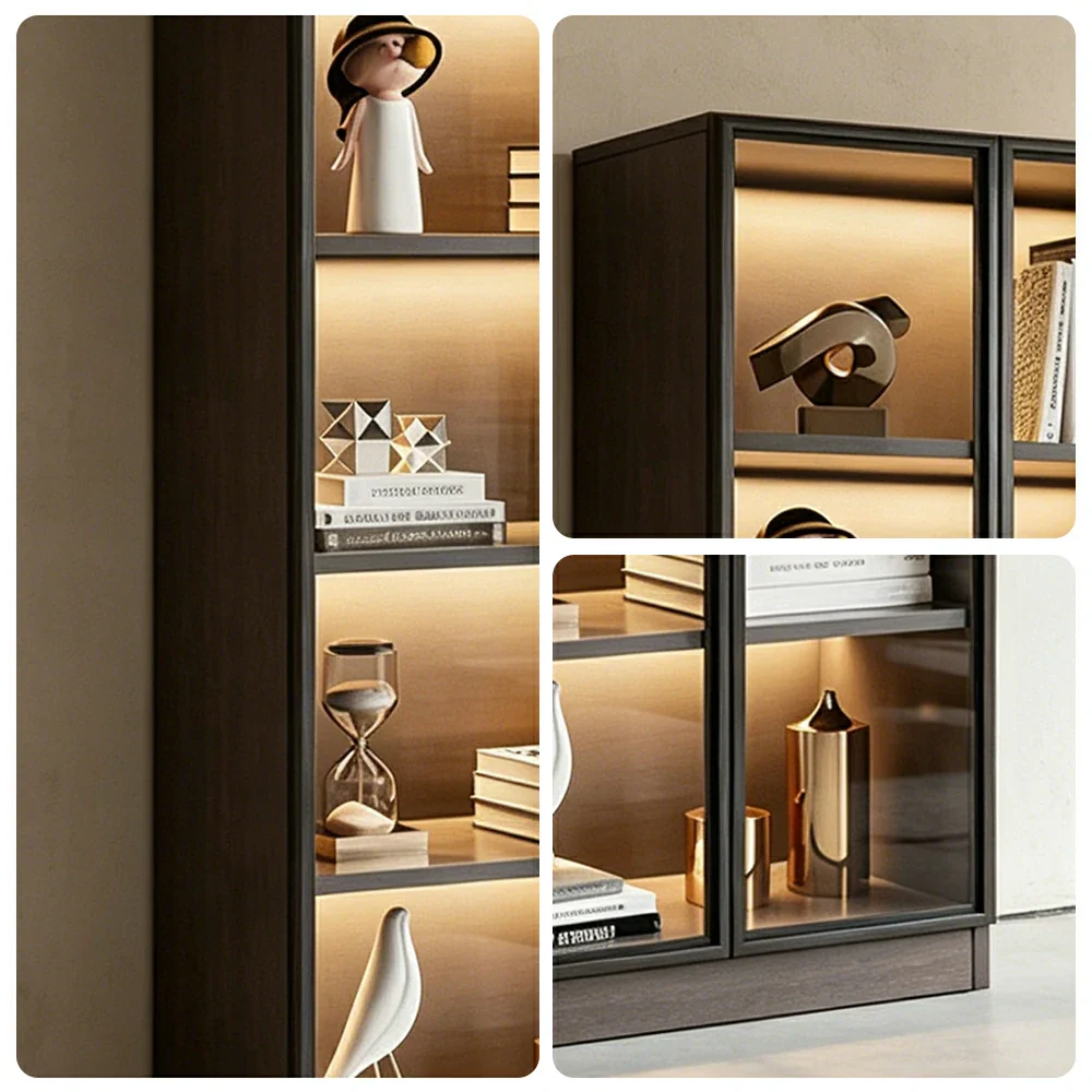 LIVARA 80/100cm 5-Tier Display Cabinet - Double Door Tempered Glass Storage with LED Lighting for Living Room - Light Grey - Image 3