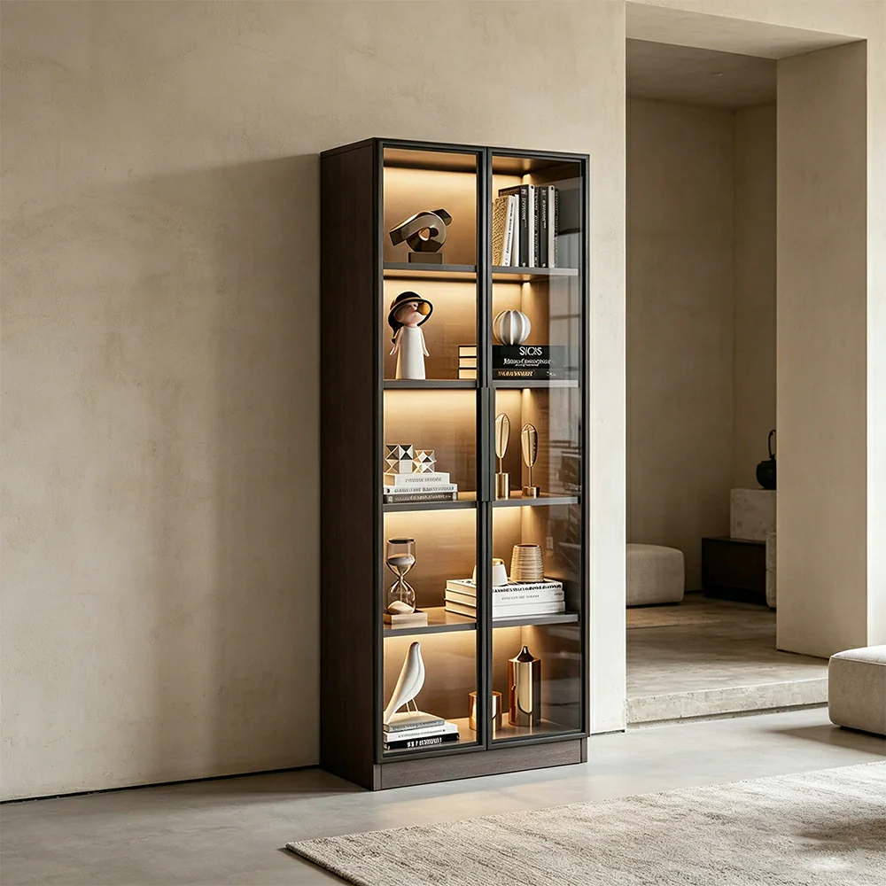 LIVARA 80/100cm 5-Tier Display Cabinet - Double Door Tempered Glass Storage with LED Lighting for Living Room - Light Grey - Image 5