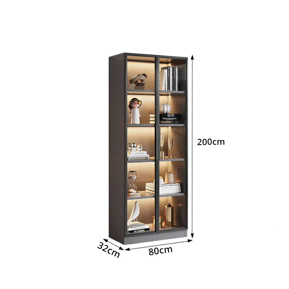 LIVARA 80/100cm 5-Tier Display Cabinet - Double Door Tempered Glass Storage with LED Lighting for Living Room - Light Grey - Image 8