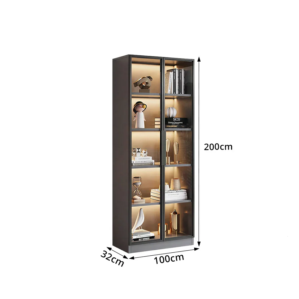 LIVARA 80/100cm 5-Tier Display Cabinet - Double Door Tempered Glass Storage with LED Lighting for Living Room - Light Grey - Image 9