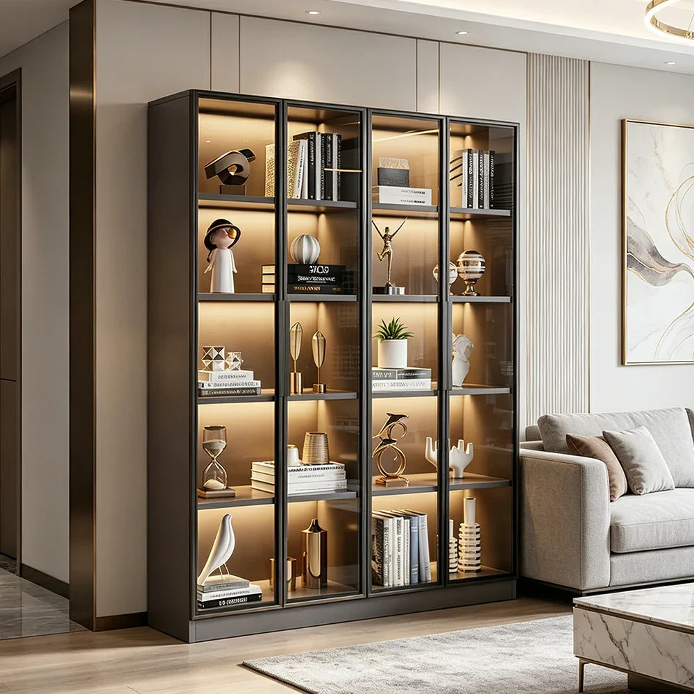 LIVARA 140/180cm 5-Tier Display Cabinet - Four Door Tempered Glass Storage with LED Lighting for Living Room - Light Grey - Image 2