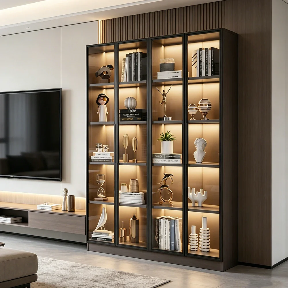 LIVARA 140/180cm 5-Tier Display Cabinet - Four Door Tempered Glass Storage with LED Lighting for Living Room - Light Grey - Image 6