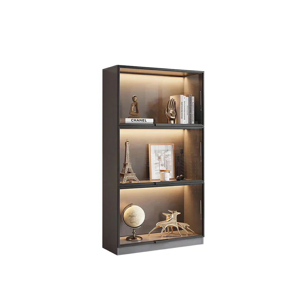 LIVARA 60/100cm 3-Tier Display Cabinet - Flip-Up Door Tempered Glass Storage with Space-Saving Design for Living Room - Light Grey