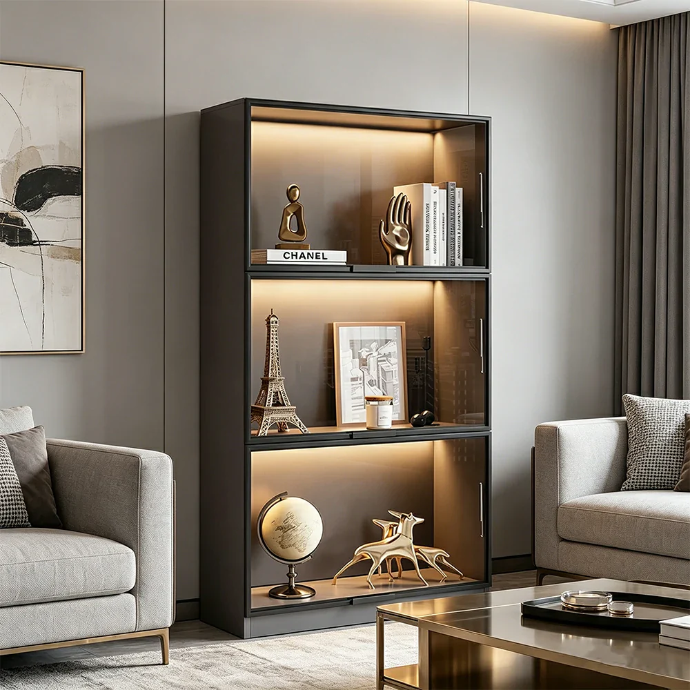 LIVARA 60/100cm 3-Tier Display Cabinet - Flip-Up Door Tempered Glass Storage with Space-Saving Design for Living Room - Light Grey - Image 3