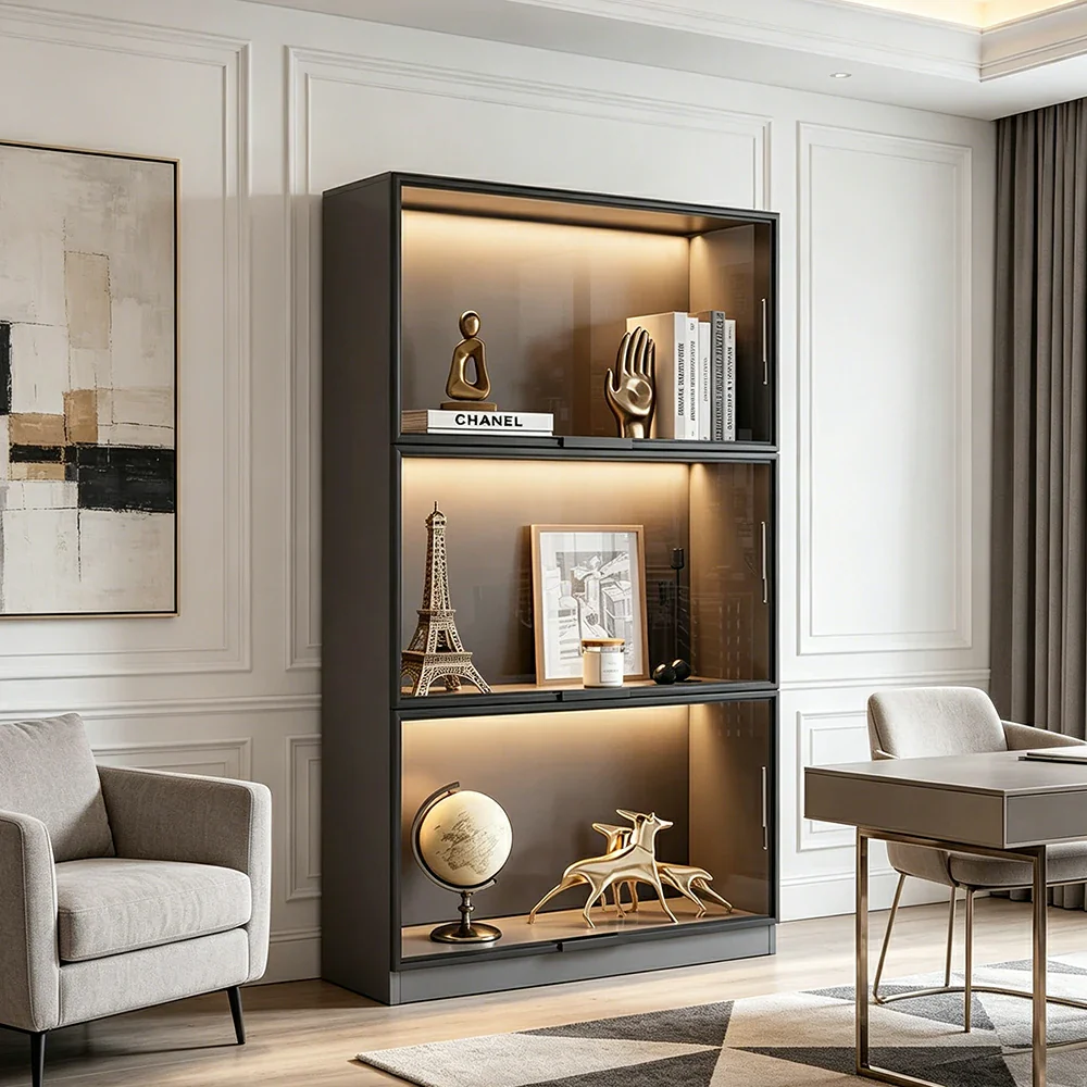 LIVARA 60/100cm 3-Tier Display Cabinet - Flip-Up Door Tempered Glass Storage with Space-Saving Design for Living Room - Light Grey - Image 4
