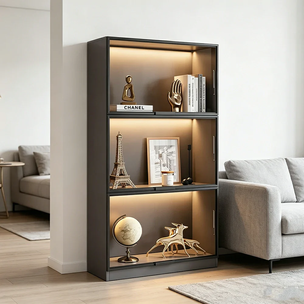 LIVARA 60/100cm 3-Tier Display Cabinet - Flip-Up Door Tempered Glass Storage with Space-Saving Design for Living Room - Light Grey - Image 5