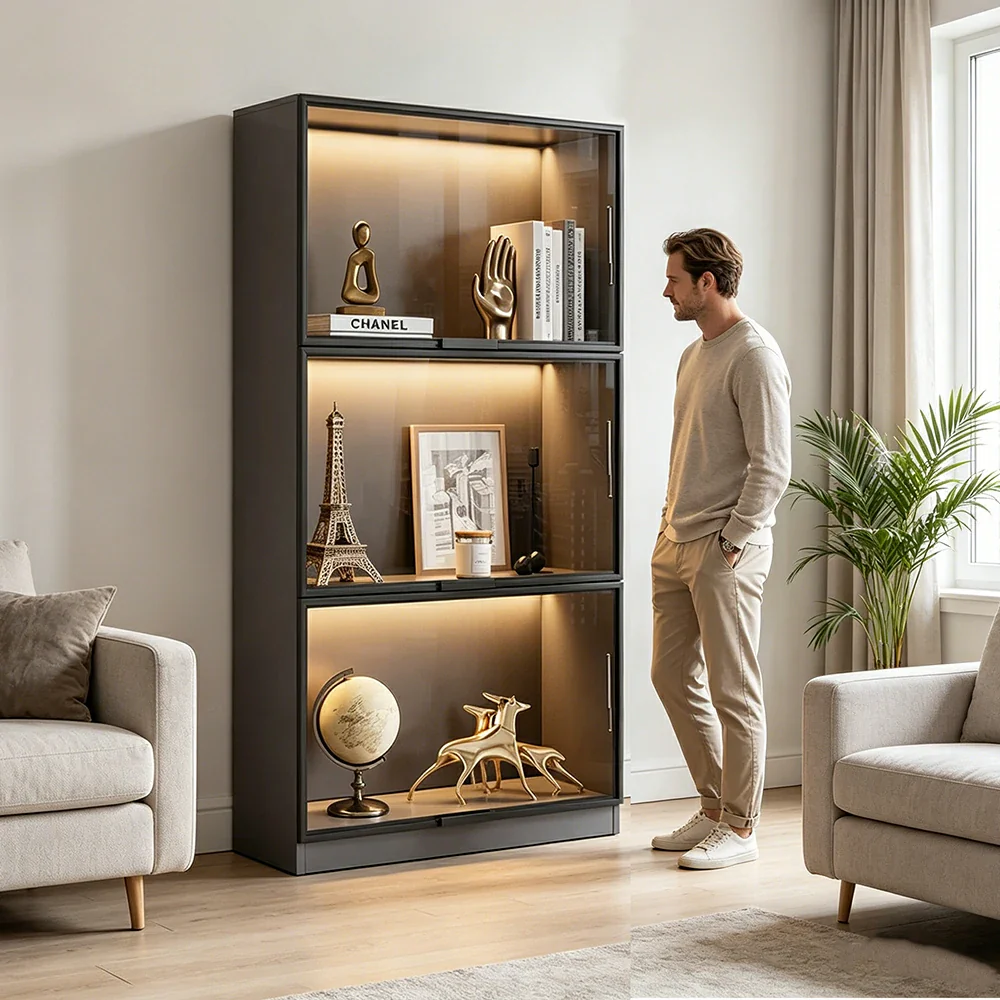 LIVARA 60/100cm 3-Tier Display Cabinet - Flip-Up Door Tempered Glass Storage with Space-Saving Design for Living Room - Light Grey - Image 6