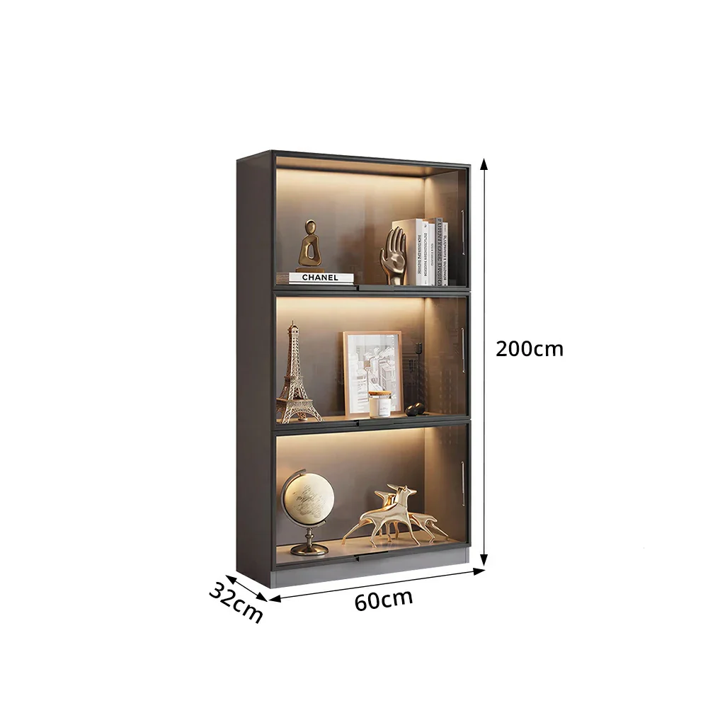 LIVARA 60/100cm 3-Tier Display Cabinet - Flip-Up Door Tempered Glass Storage with Space-Saving Design for Living Room - Light Grey - Image 7