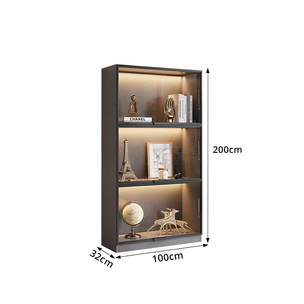 LIVARA 60/100cm 3-Tier Display Cabinet - Flip-Up Door Tempered Glass Storage with Space-Saving Design for Living Room - Light Grey - Image 8