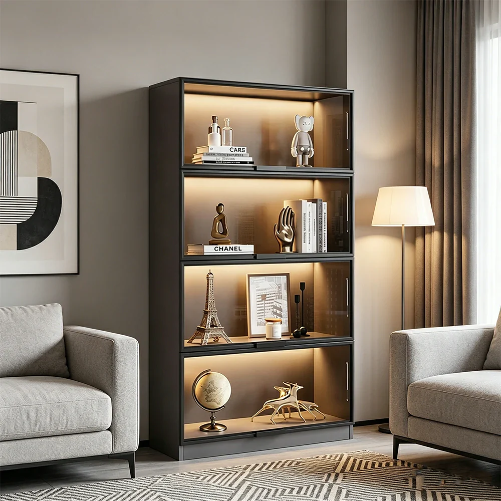 LIVARA 60/100cm 4-Tier Display Cabinet - Flip-Up Door Tempered Glass Storage with Space-Saving Design for Living Room - Light Grey - Image 2