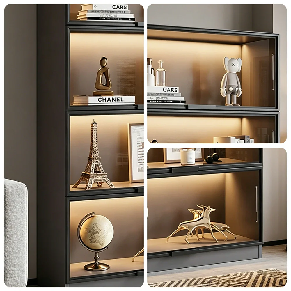 LIVARA 60/100cm 4-Tier Display Cabinet - Flip-Up Door Tempered Glass Storage with Space-Saving Design for Living Room - Light Grey - Image 3