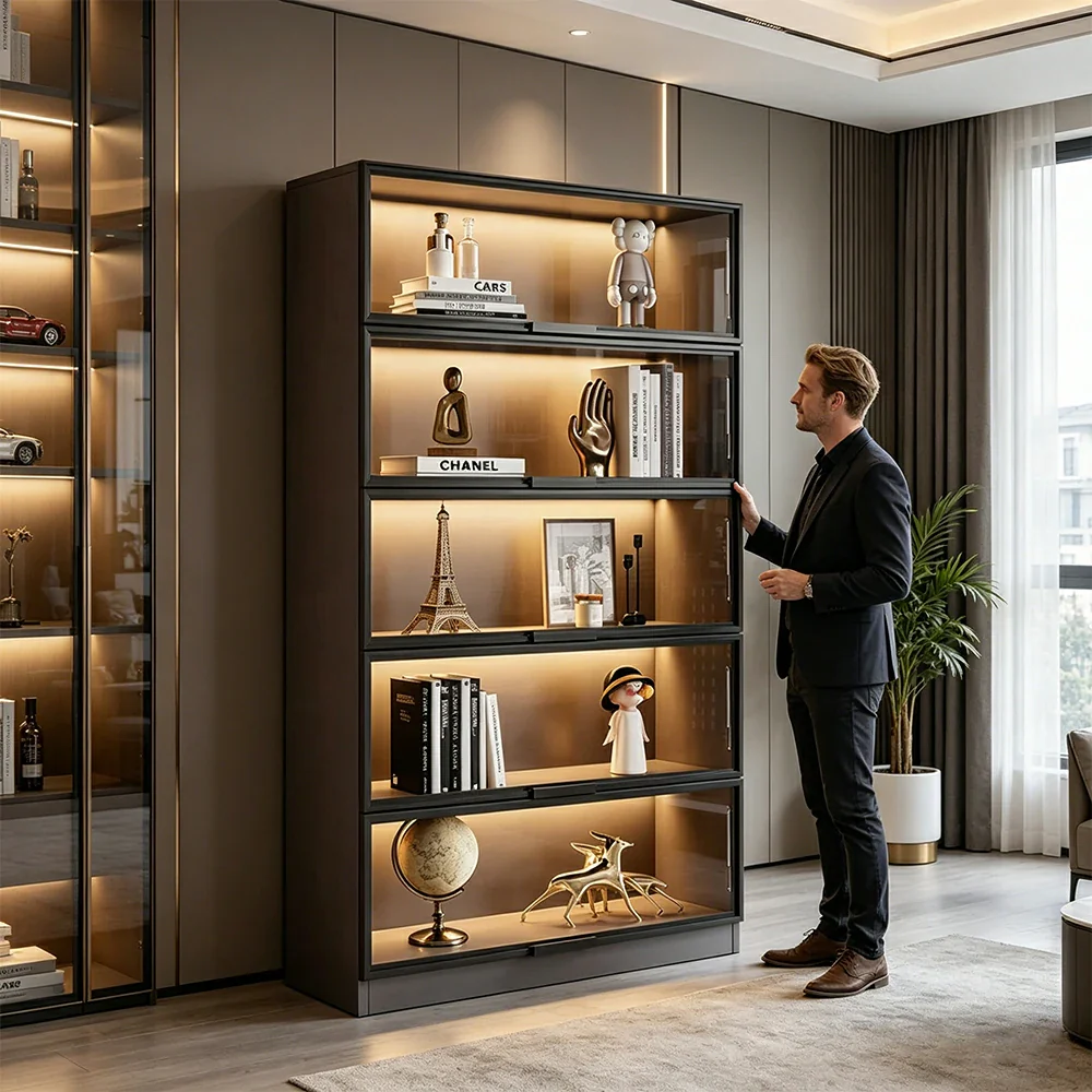 LIVARA 60/100cm 5-Tier Display Cabinet - Flip-Up Door Tempered Glass Storage with LED Lighting for Living Room - Light Grey - Image 6