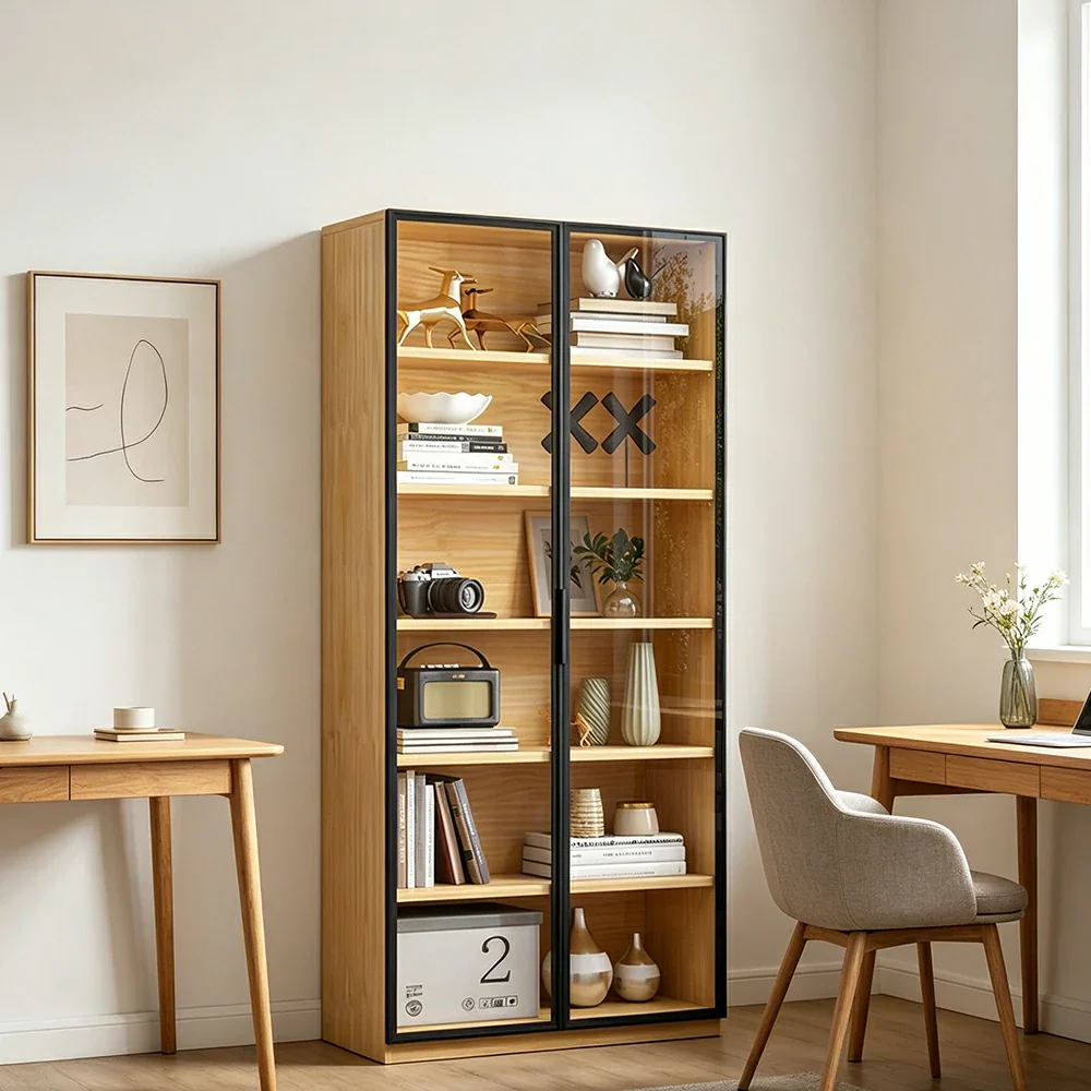 LIVARA 2-Door Display Cabinet - Solid Wood Glass Storage 207/240cm for Living Room & Office - Light Wood - Image 6