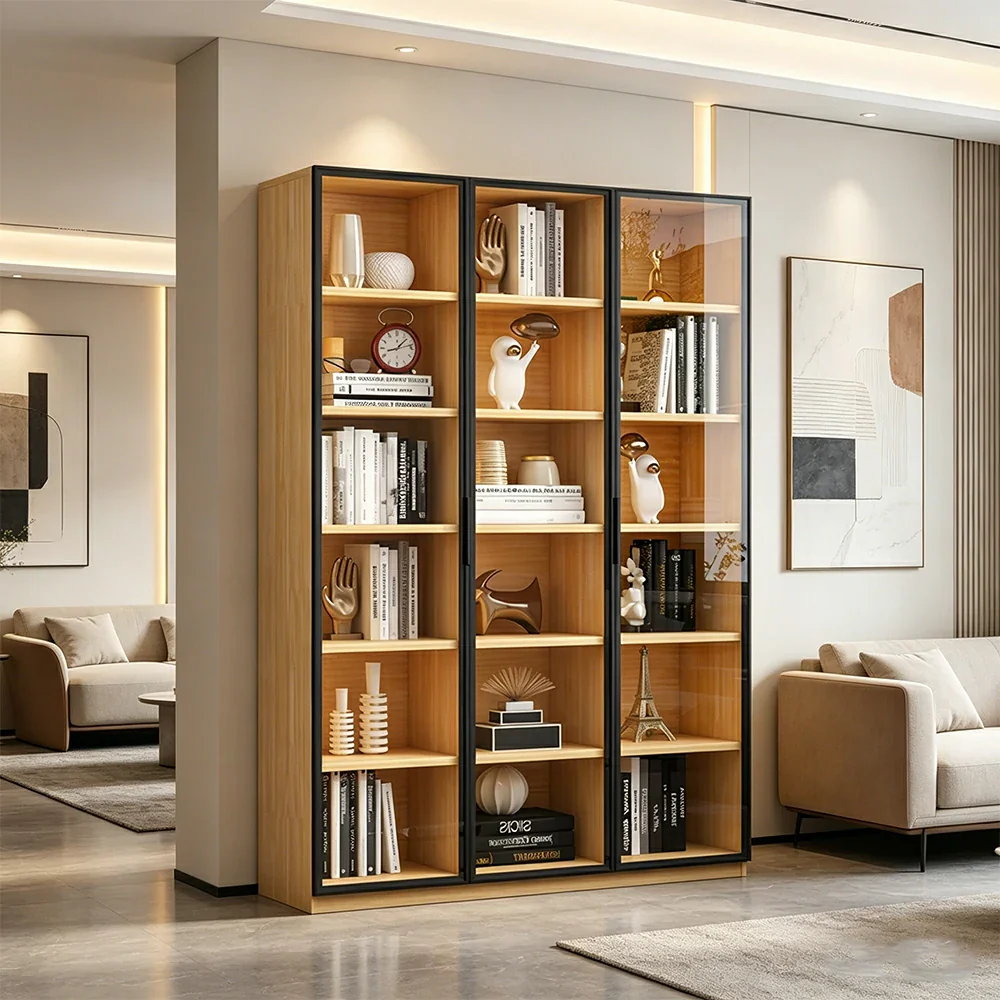 LIVARA 3-Door Display Cabinet - Solid Wood Glass Storage 207/240cm Tall for Living Room & Office - Light Wood - Image 2