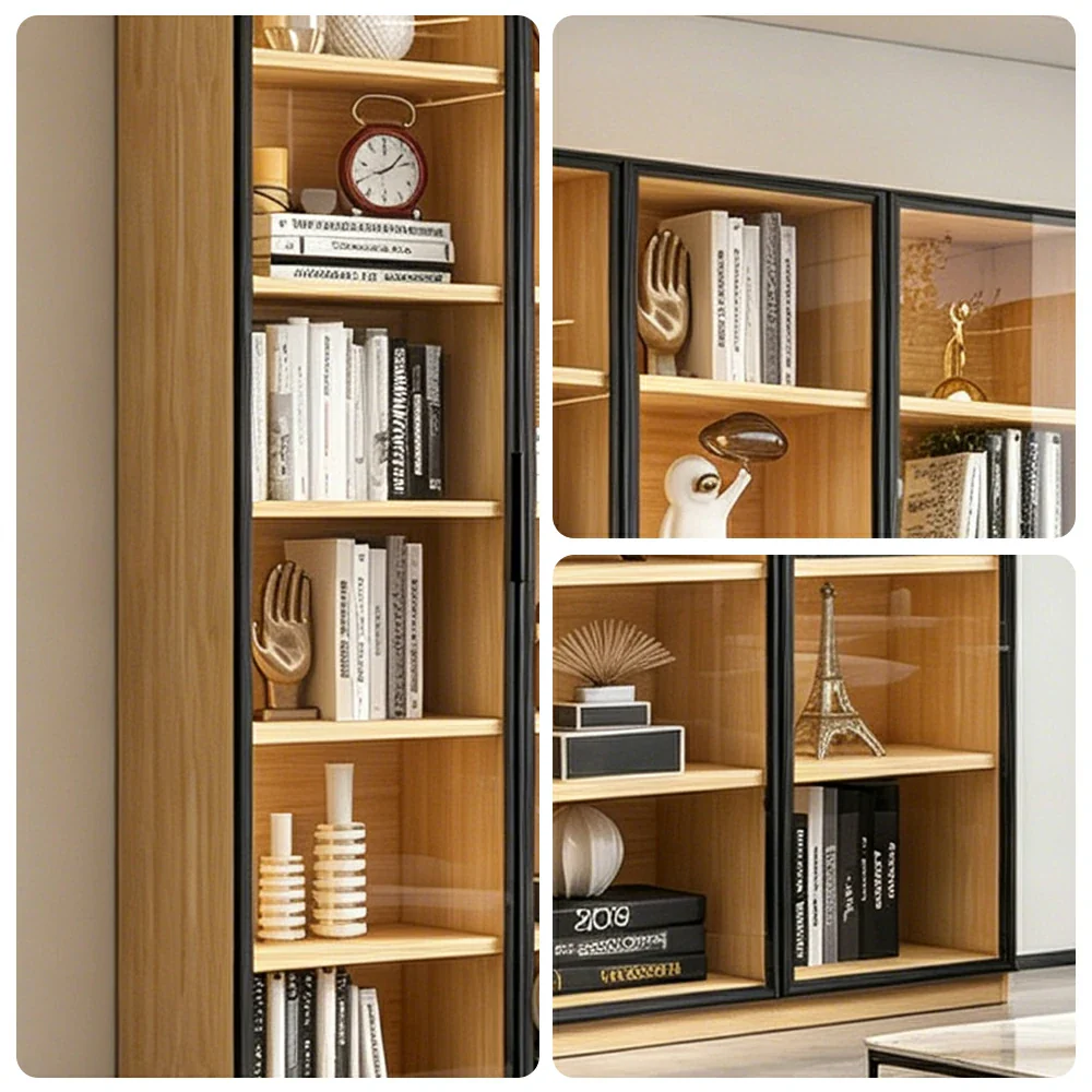 LIVARA 3-Door Display Cabinet - Solid Wood Glass Storage 207/240cm Tall for Living Room & Office - Light Wood - Image 3