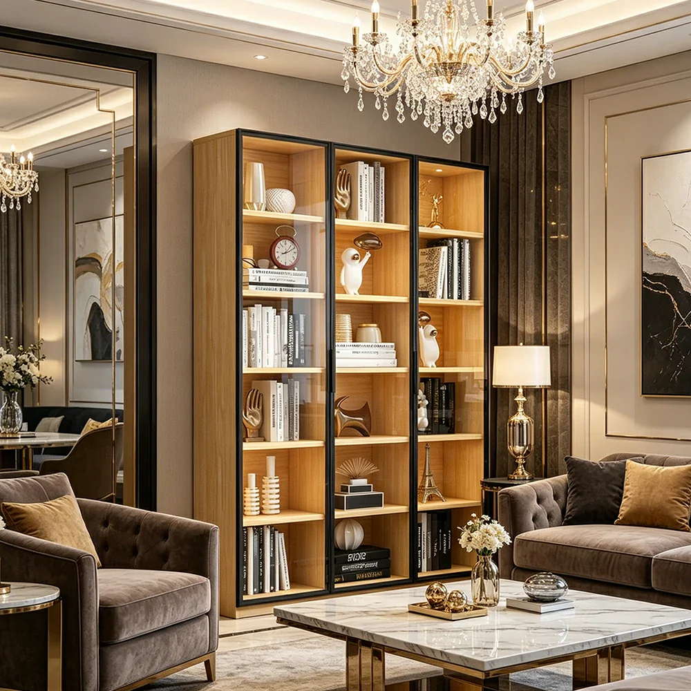 LIVARA 3-Door Display Cabinet - Solid Wood Glass Storage 207/240cm Tall for Living Room & Office - Light Wood - Image 4