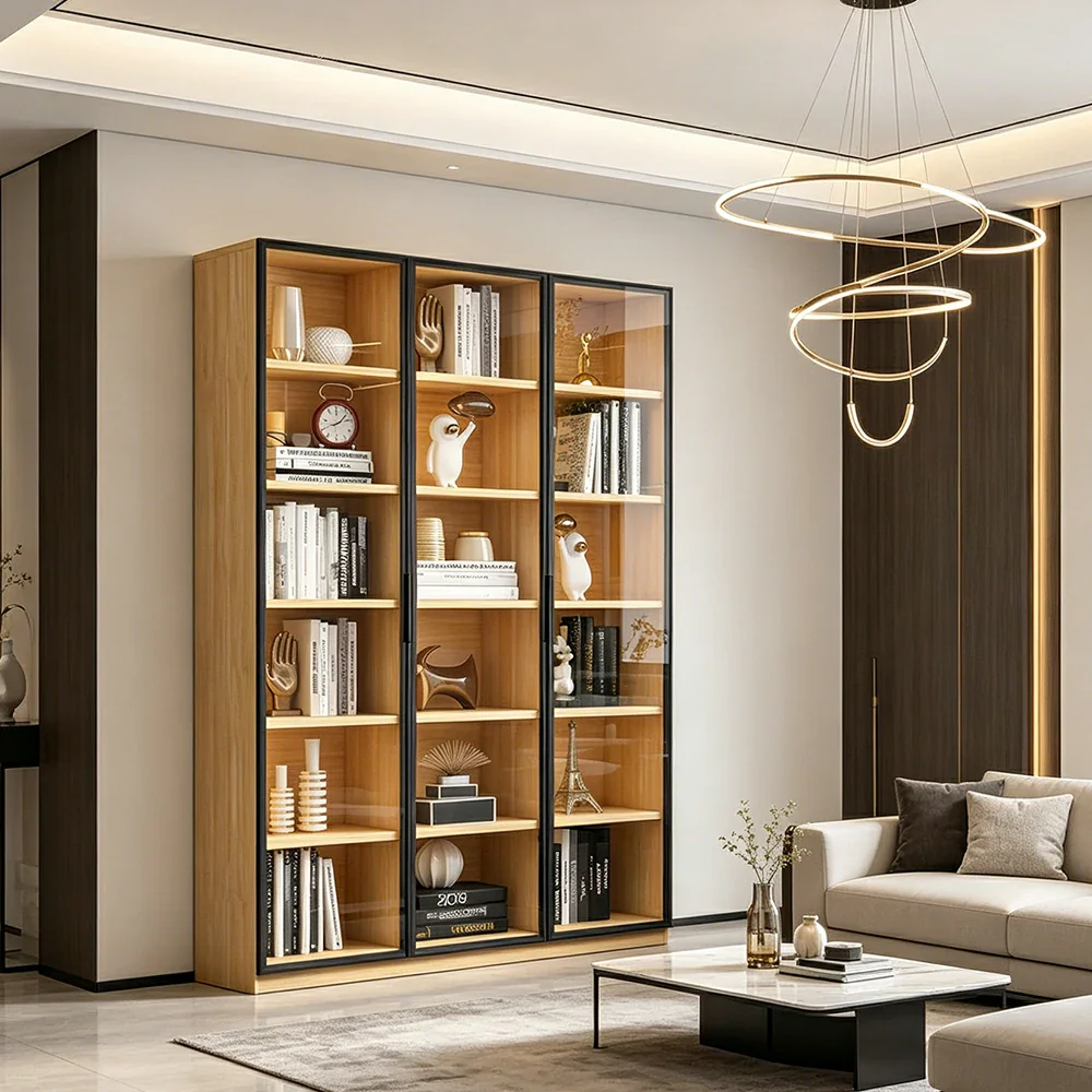 LIVARA 3-Door Display Cabinet - Solid Wood Glass Storage 207/240cm Tall for Living Room & Office - Light Wood - Image 5